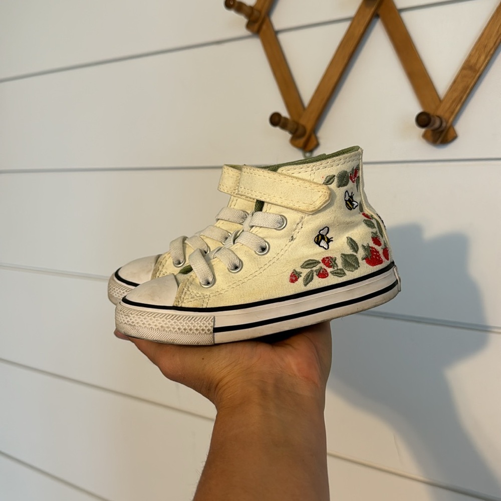 Converse White Strawberry Embroidered Berries and Bees High Top Sneakers
